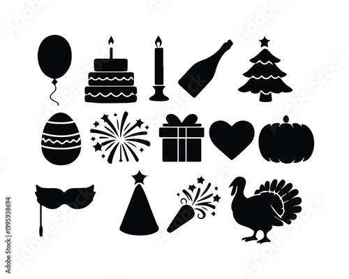 Obraz na płótnie Holiday celebration vector icon set, festive black silhouette graphics for seasonal events, party decorations, and special occasion designs