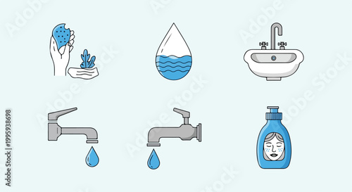 Set of 6 Water Conservation and Hygiene Icons Vector