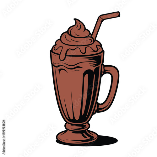 Chocolate milkshake with whipped cream and red syrup in a tall glass cup