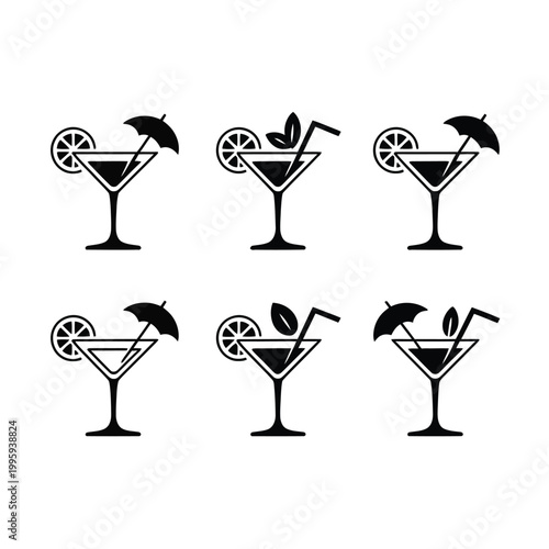 Cocktail icons with umbrellas and citrus slices on a light gray background