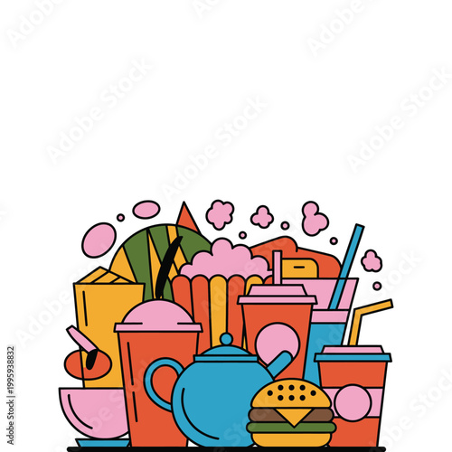 Fast food and drinks illustration with a variety of colorful junk food items