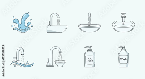 Set of 8 Hand Washing and Water Hygiene Vector Icons