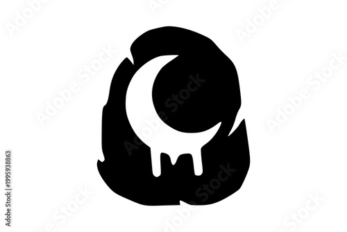 Ink Moon Emblem, Black silhouette of dripping crescent moon over rounded shape, stylized emblem