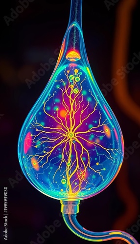 Glowing nutrient gel droplet, intricate bio-circuitry patterns visible under neon light,  vibrant glow,  edible