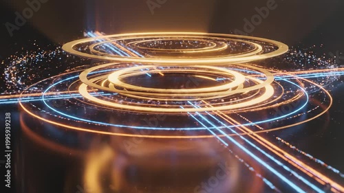 Futuristic digital technology background featuring glowing circular light trails and data network connections.