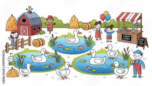Quadro su tela Cartoon Ducks Swimming in Pond Illustration.
