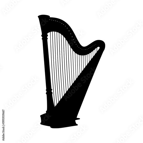 Ink Harp Illustration, Solid black silhouette of a harp with visible strings, bold and minimalistic.