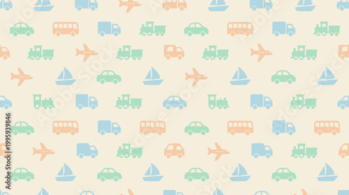 Transportation Seamless Pattern Background With Cars Trains Planes And Buses