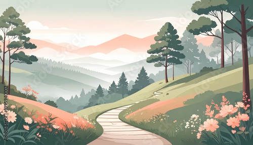 Gentle garden walkway across rolling hills with airy pastel depth. Floral countryside panorama with pine forms and misty ridgelines. Delicate valley composition featuring soft petals and serene slopes