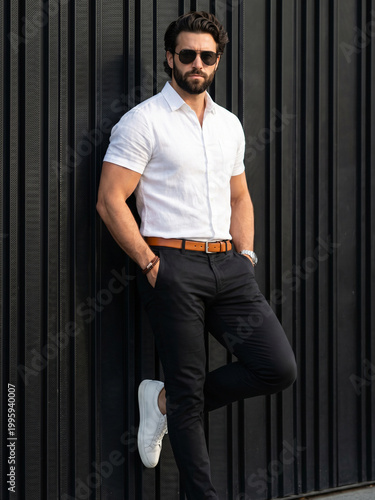 Handsome bearded man in white linen shirt and navy chinos leaning against a dark wall, urban summer fashion portrait
