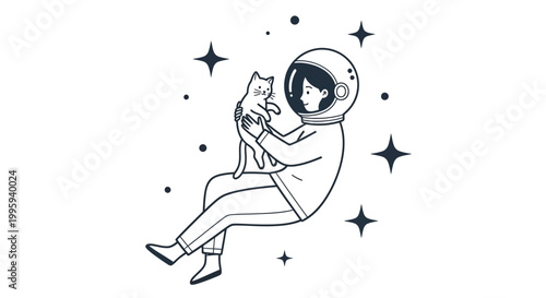 Astronaut holding a cat floating in space with stars