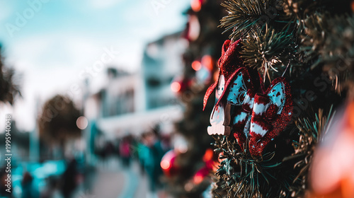 Close-up of decorated christmas tree branch with blurred city lights in background, ornament