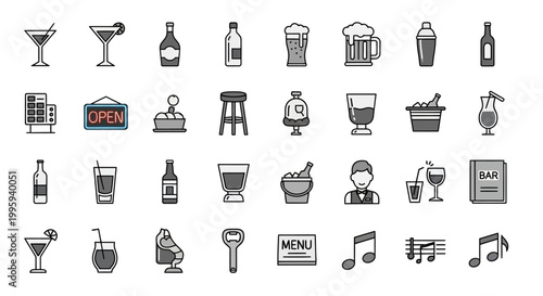 Black and white cocktail icons set.