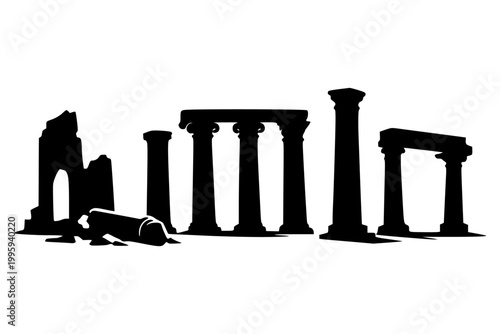 Ink Column Illustration, Black silhouette of several standing columns with a fallen piece, resembling ancient ruins