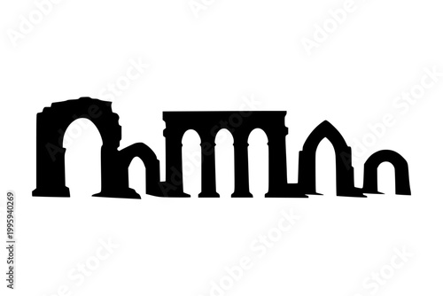 Ink Temple Illustration, Black silhouette of structure with multiple arches and columns, resembling temple or aqueduct ruins