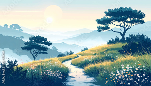 Light filled hillside path with white blooms and tranquil blue ranges. Airy mountain panorama showing sunny meadow and delicate flora. Peaceful scenic artwork with glowing field and elegant tree forms