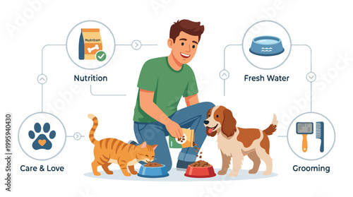 Man Feeding Dog and Cat.