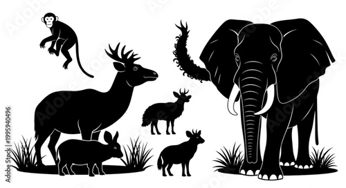 Collection of Diverse Animal Silhouettes in Black and White.