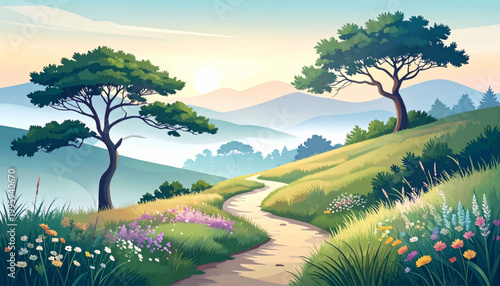 Spring trail across verdant slopes with blooms and distant haze. Pastoral walkway beside pine crowns above tranquil layered ridges. Scenic hillside route featuring meadow flora under luminous sunrise