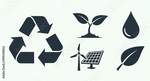 Set of environmental icons including recycling symbol plant and water drop.