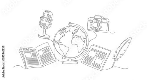 Globe with books and recording devices.