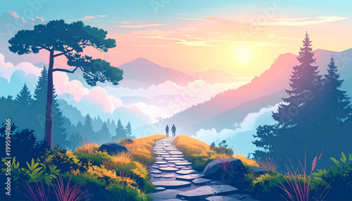 Companions wander a crest above luminous clouds and rosy summits. Romantic mountain walkway framed by pines, rocks, and glowing dusk. Pastel ridge journey with paired silhouettes 