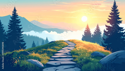 Solitary stairway rises over grassy knolls beside towering evergreens. Empty mountain footpath meets glowing skyline beyond cloudy lowlands. Quiet ridge composition with boulders, firs