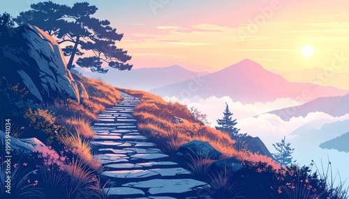 Cliffside steps curve upward through amber brush near rugged granite. Evening escarpment scene with bent pine, glowing herbs, and peaks. Elevated passage above cloudbanks under peach sky 