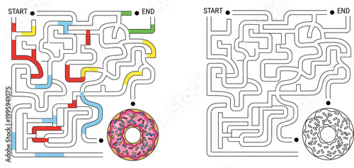 Educational maze puzzle game for kids with a sweet donut theme. Vector illustration features a labyrinth with start and end points, solution path and coloring page version for children.