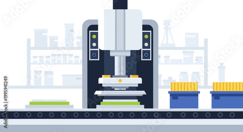 Automated manufacturing process with robotic arm and conveyor belt in a factory setting.