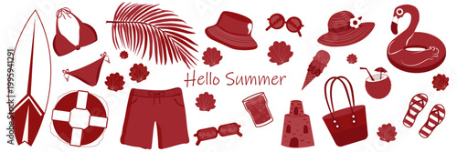 Big summer collection of beach elements including flamingo float, surfboard, bikini, sunglasses, coconut drink, bag, palm leaves and more. Perfect for banners, posters, seasonal design