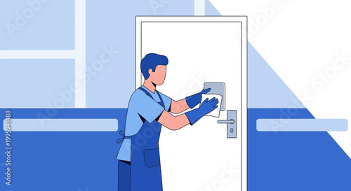 Cleaner in blue uniform sanitizing door handle with disinfectant wipe