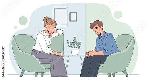 Couple in therapy session, discussing relationship problems, sitting on chairs in a room