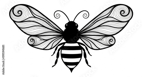 Stylized Black and White Illustration of a Bee.