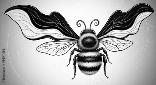 Stylized bee with large decorative wings black and white illustration.