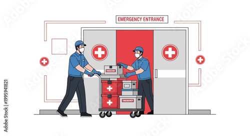 Delivery workers in masks bring medical supplies to hospital emergency entrance