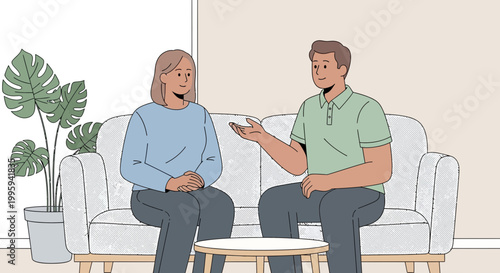 Couple talking on sofa, discussing relationship, mental health, therapy session, support