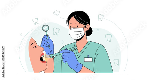 Dentist examining patient's teeth with mirror and probe, dental care concept