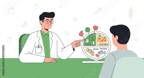 Dietitian consulting patient on healthy food plate, explaining nutrition and balanced diet