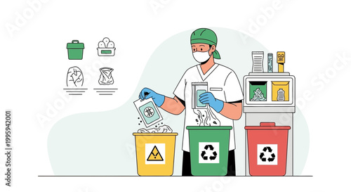 Medical waste disposal: healthcare worker sorting biohazard, recyclable, and general waste