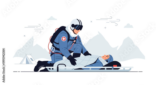 Mountain Rescue: Paramedic Tends to Injured Person on Stretcher in Snowy Landscape