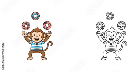 Kawaii Monkey Juggling Colorful Donuts Character, Colored and Line Art Vector Illustration for Kids Coloring Book Page, Stickers, Circus and Sweet Bakery Mascot Graphic Design