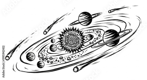 Solar System Illustration with Planets and Comets.