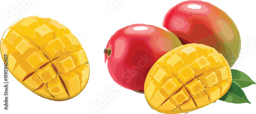 Fresh mango fruit set with whole and sliced pieces juicy tropical food illustration realistic vector isolated on light background