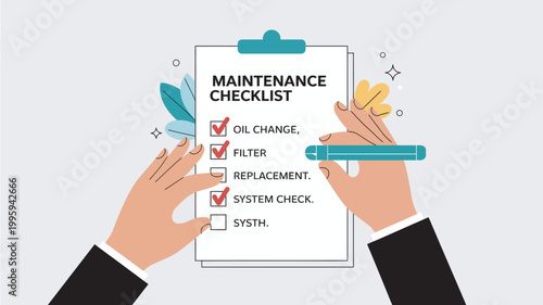 A person holding a clipboard with a maintenance checklist and checking off completed tasks with a pen