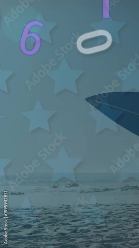 Vertical video: Board entering, surfer with it walking to ocean to surf, stars and numbers drifting