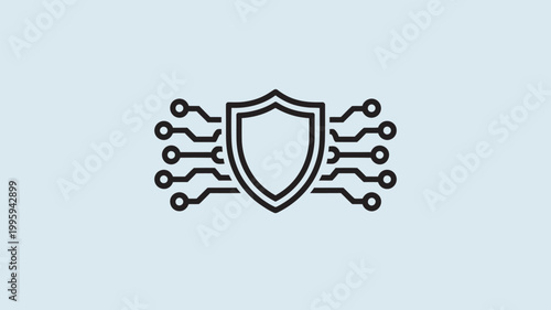 A black shield icon with circuit board lines on a light blue background, representing cybersecurity and protection.