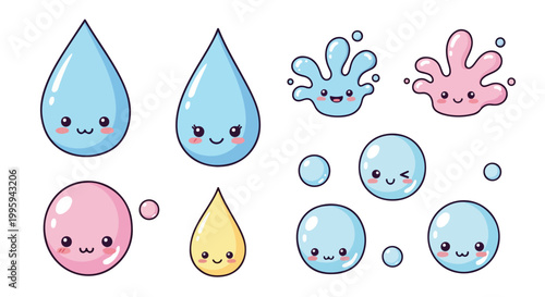 Set of 10 Cute Kawaii Water Droplets, Splashes, and Bubbles Vector Illustration