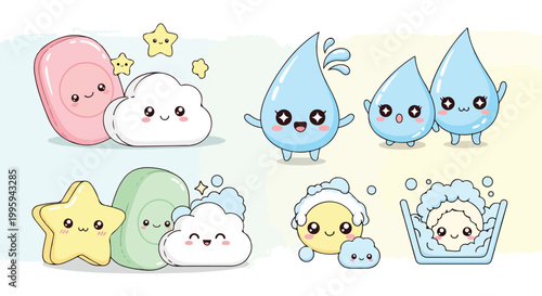 Set of 6 Cute Kawaii Soap, Cloud, and Water Drop Vector Illustrations