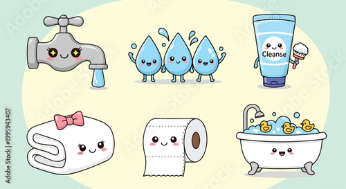 Set of 6 Cute Kawaii Bathroom and Hygiene Vector Illustrations